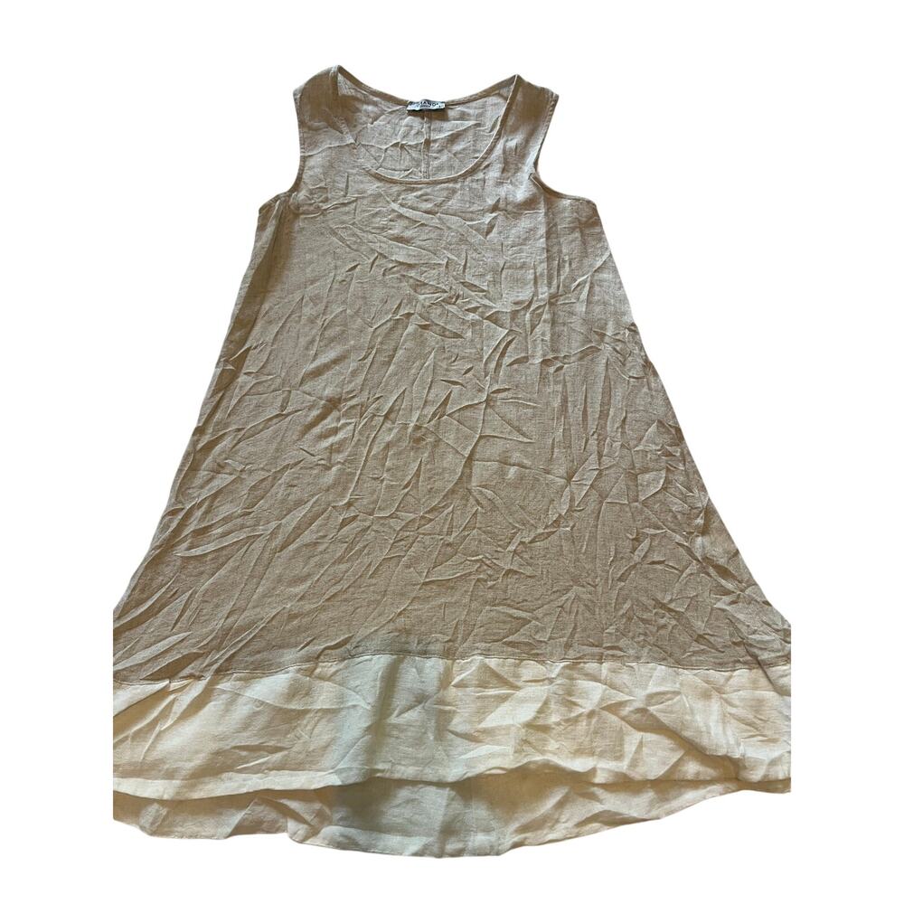 GRAND Greece Linen Colorblock Shift Dress Tan Cream Small boho coastal grandma